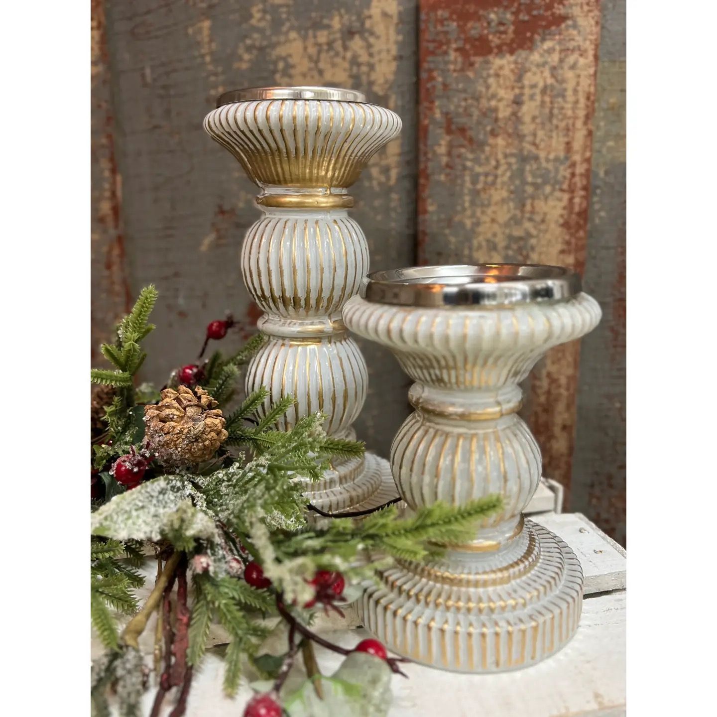 White &amp; Gold Candle Holder 9.5&quot; Large