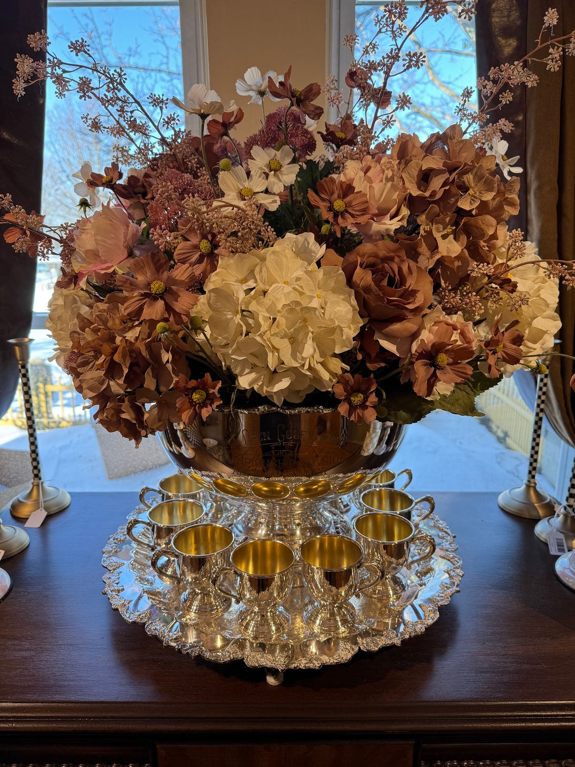 Custom Florals in Antique Silver Punch Bowl w Cups &amp; Tray