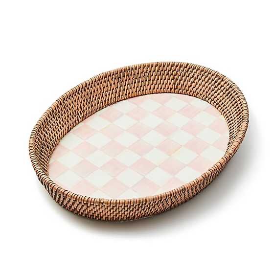 Rosy Check Large Enamel &amp; Rattan Serving Tray