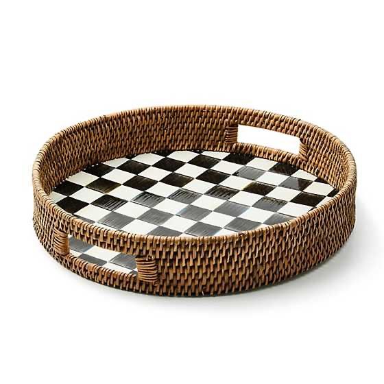 Courtly Check Enamel &amp; Rattan Round Serving Tray