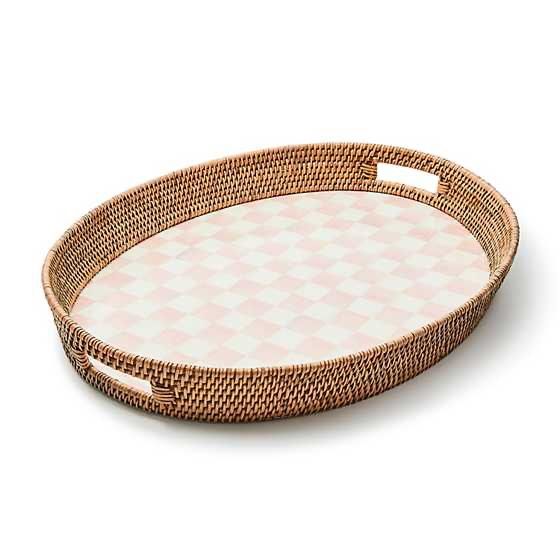 Rosy Check Enamel &amp; Rattan Party Tray