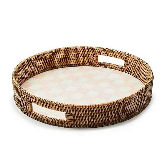 Rosy Check Enamel &amp; Rattan Round Serving Tray