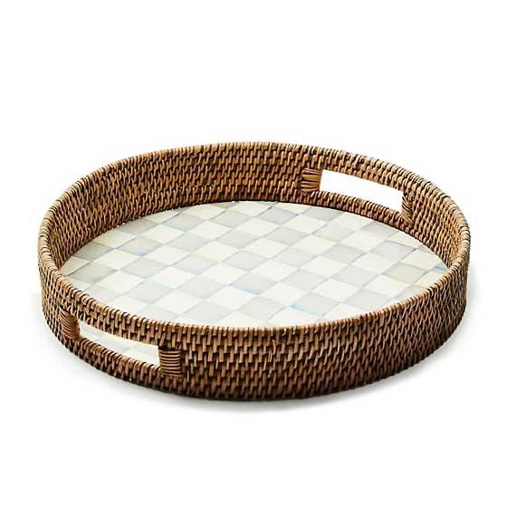 Sterling Check Enamel &amp; Rattan Round Serving Tray