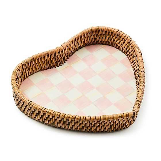 Rosy Check Enamel &amp; Rattan Heart Tray 