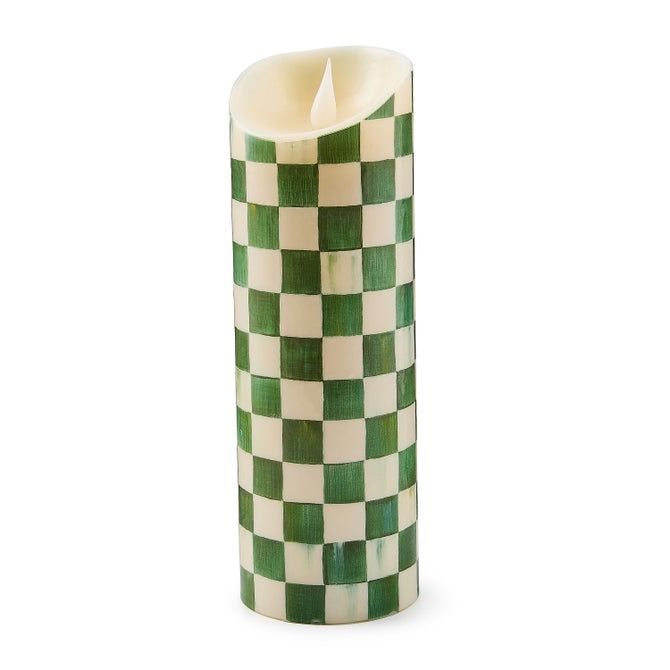 Emerald Check Flameless 9&quot; Pillar Candle
