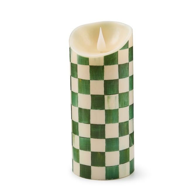 Emerald Check Flameless 7&quot; Pillar Candle