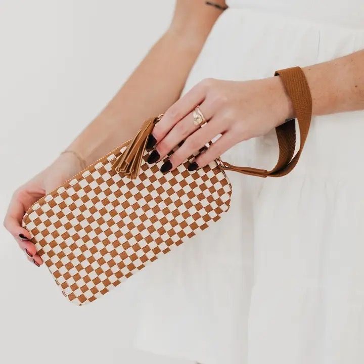 Brown Check Woven Wristlet