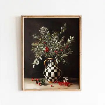 Check Vase w Foliage Print