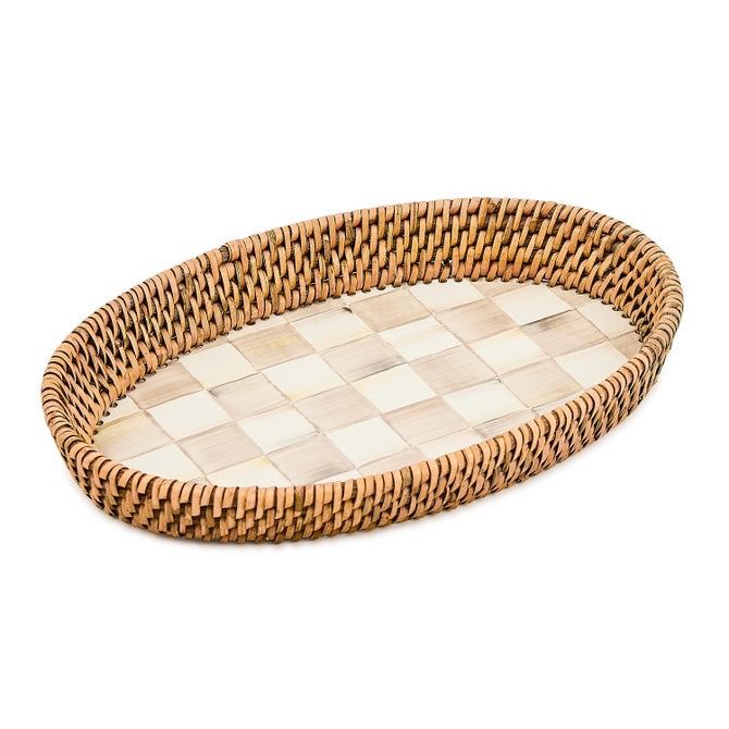 Mocha Check Enamel &amp; Rattan Small Tray