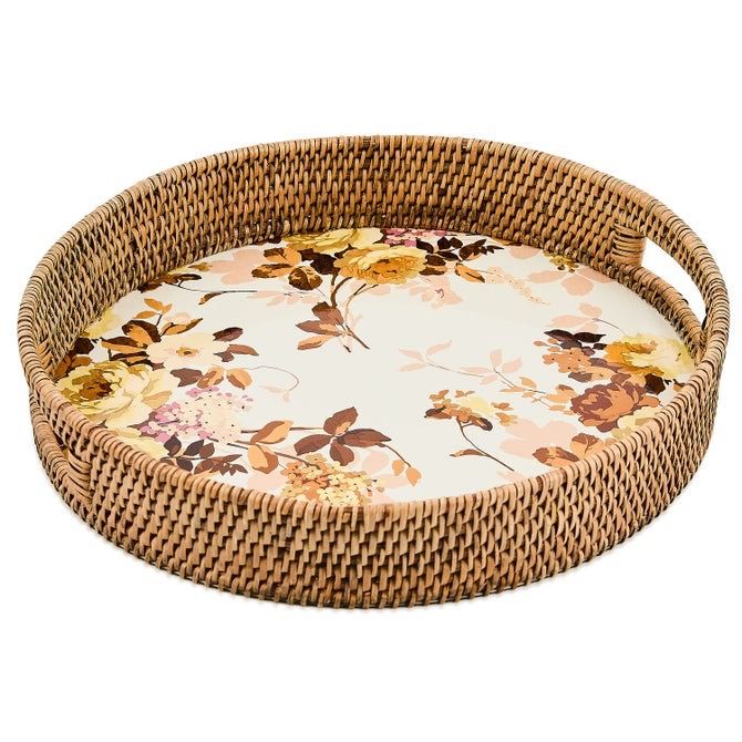 Wild Rose White Enamel &amp; Rattan Round Serving Tray