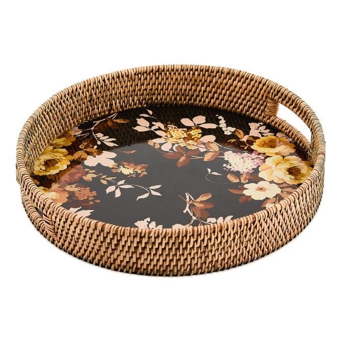 Wild Rose Brown Enamel &amp; Rattan Round Serving Tray