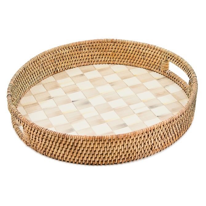 Mocha Check Enamel &amp; Rattan Round Serving Tray
