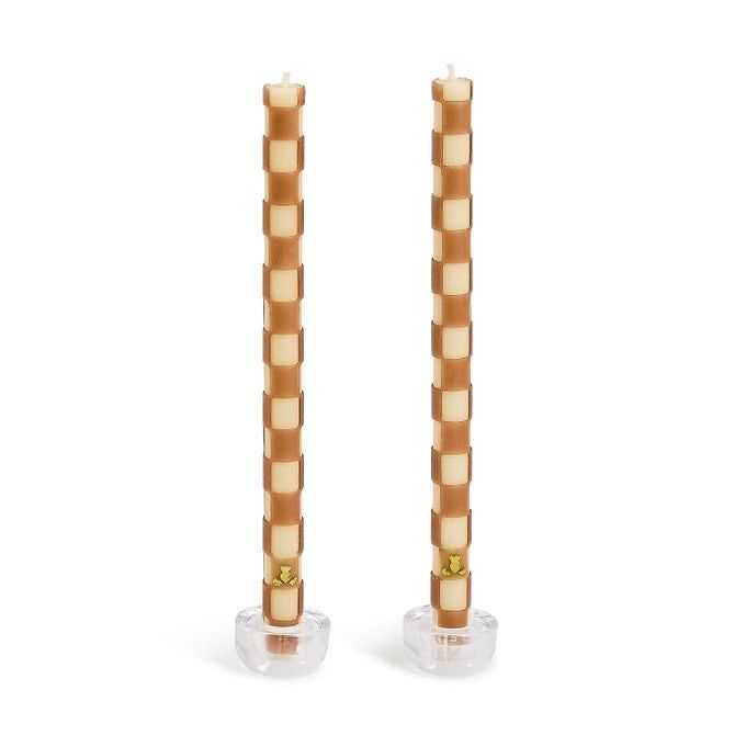 Mocha Check Dinner Candles Set of 2