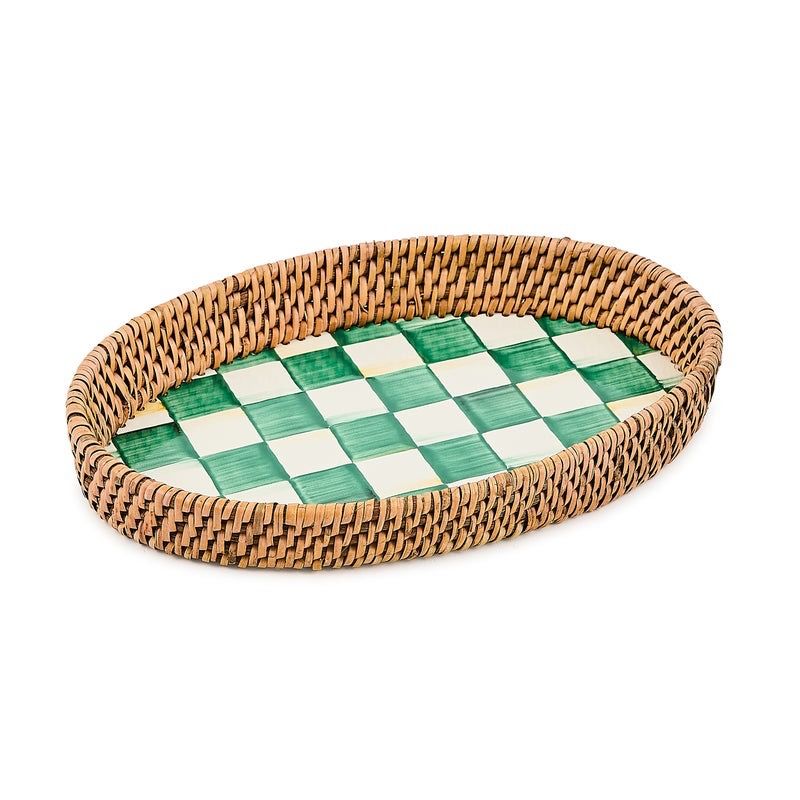 Emerald Check Enamel &amp; Rattan Small Tray