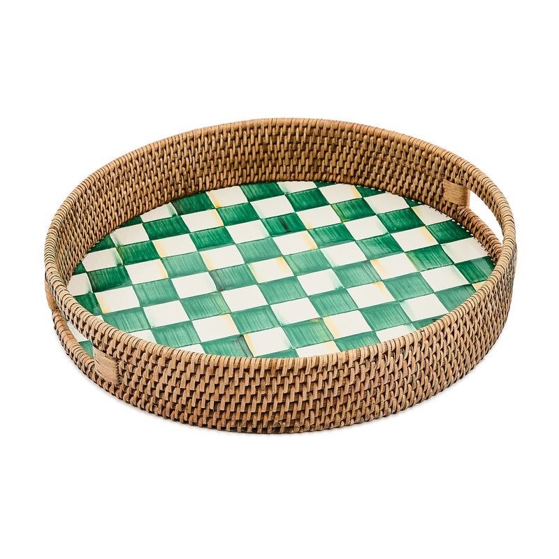 Emerald Check Enamel &amp; Rattan Round Serving Tray