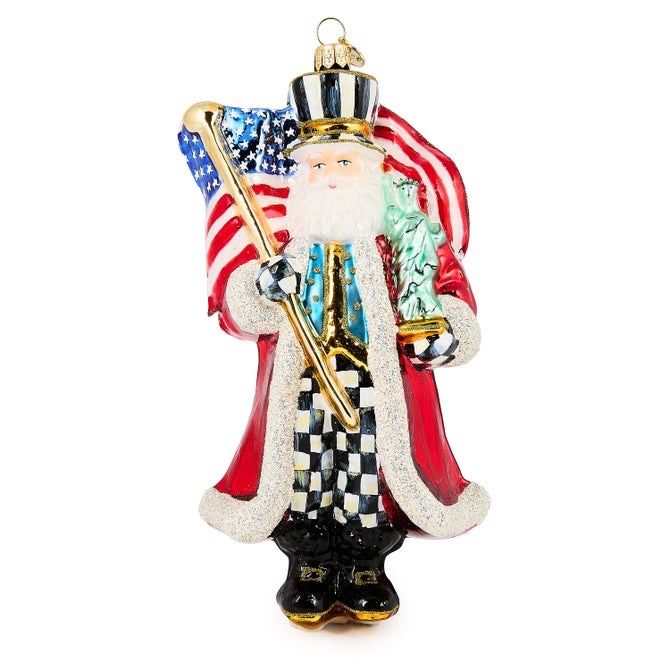 Glass Ornament- Santa w Flag
