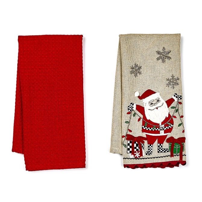 Santa w Tree Lights Embroidered Dish Towels Set of 2