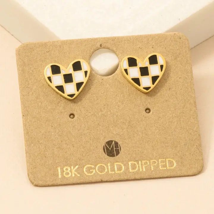 Check Heart Earrings- Goldtone