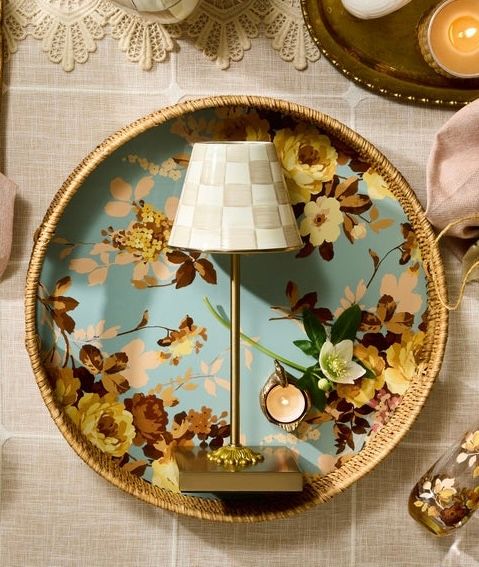 Wild Rose Slate Enamel &amp; Rattan Round Tray