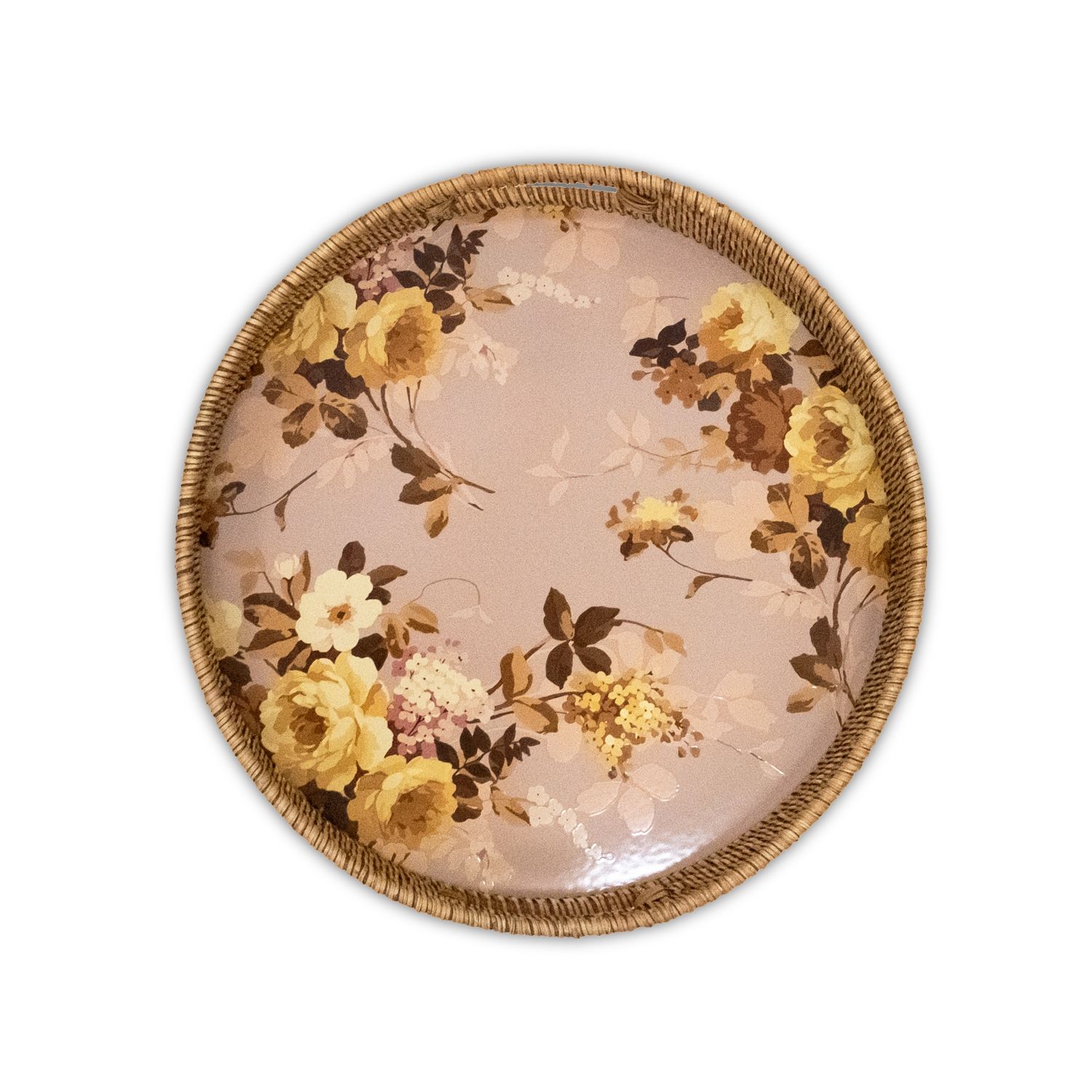 Wild Rose Mauve Enamel &amp; Rattan Round Tray