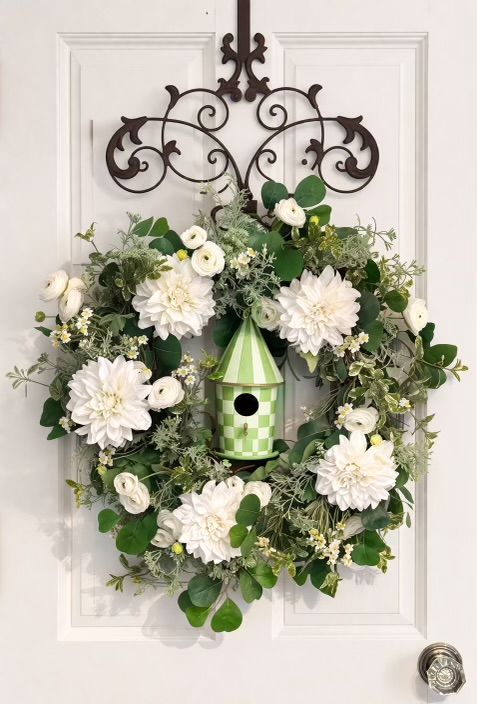 Wreath Class - White flowers w Grass Green Birdhouse- 12pm 4-18-26