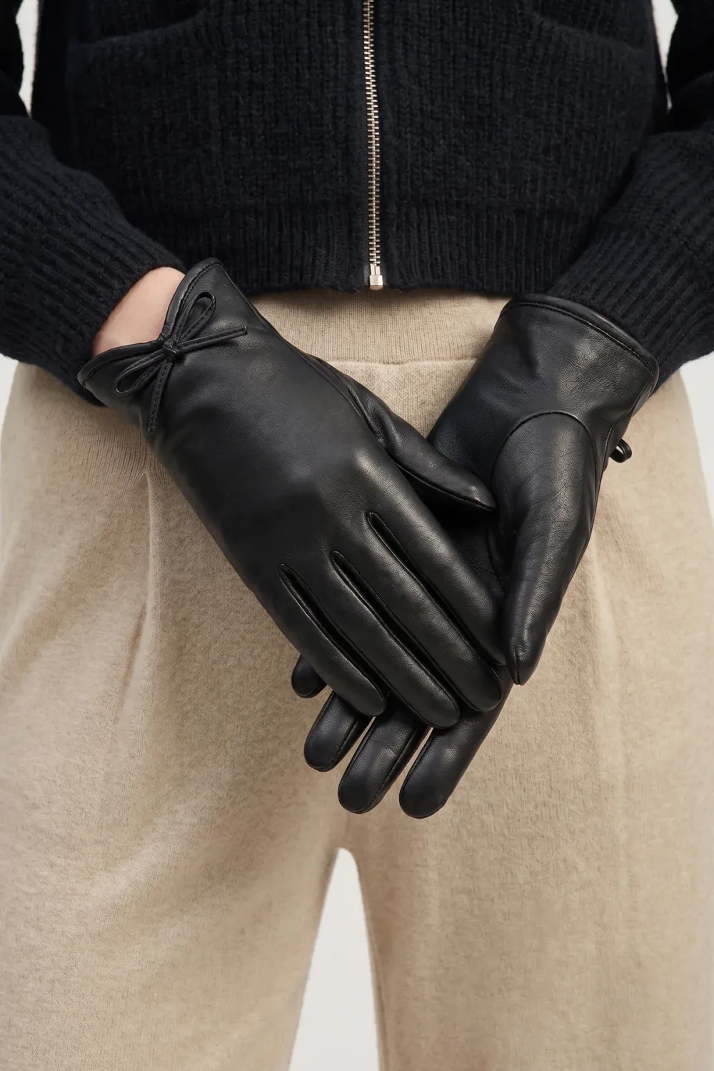 Bow Detail Leather Gloves Black
