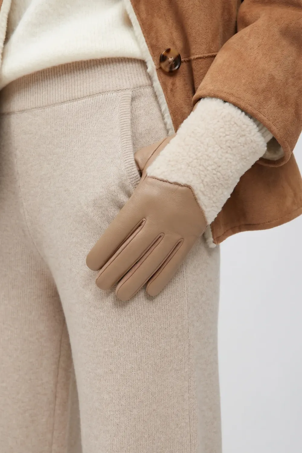 Shearling Cuff Gloves Camel