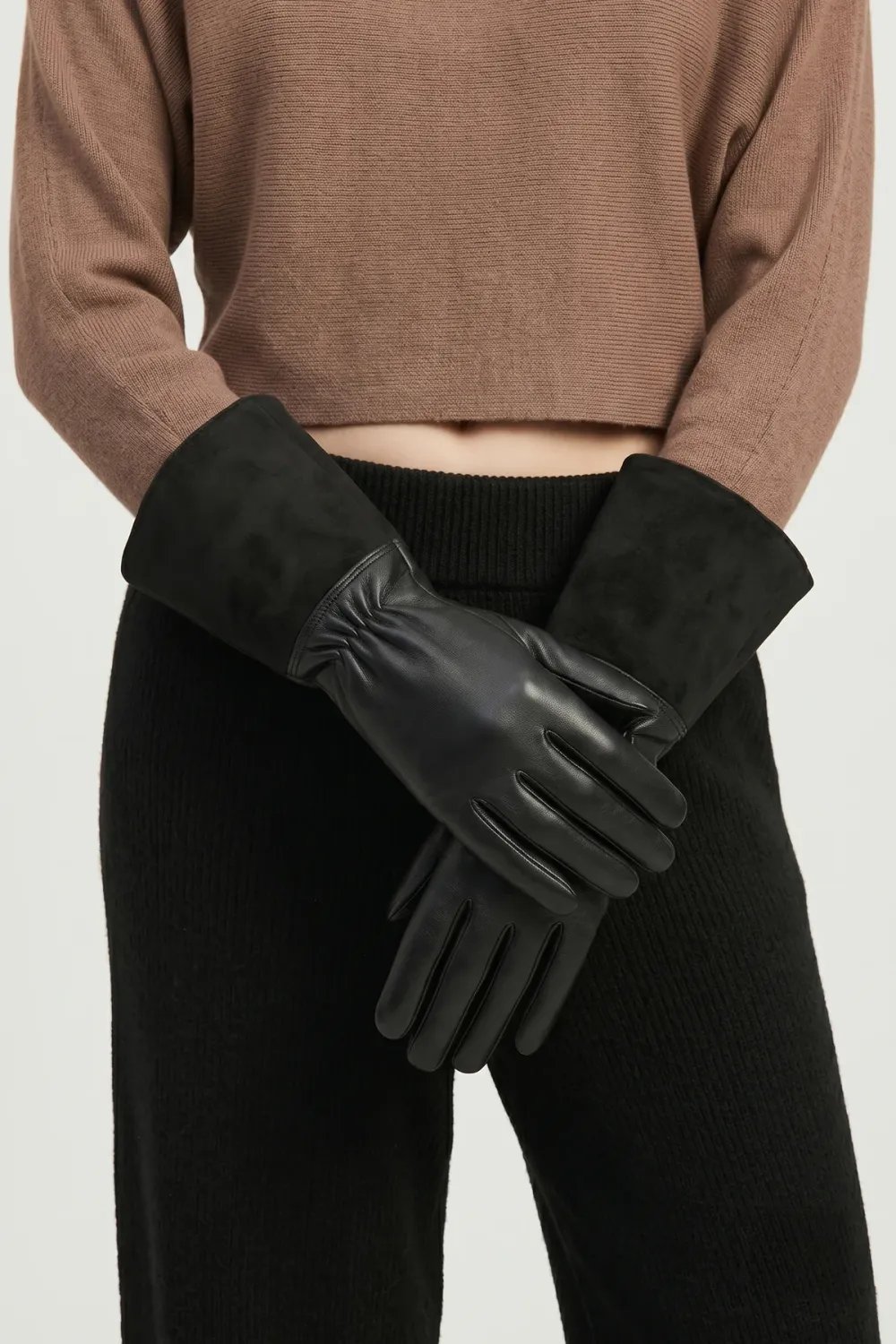 Contrast Suede Midi Gloves Black