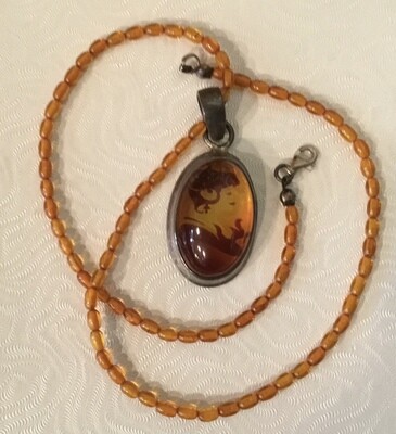Amber Necklace with Amber Cameo Set in Sterling Silver
