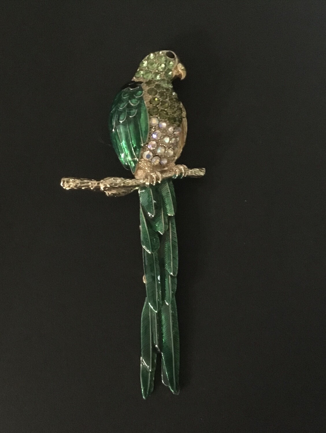 Green Parrot Rhinestone Pin with Jointed Tail