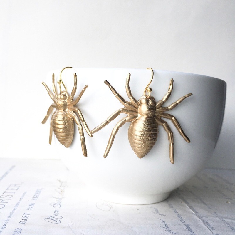 Secret Garden Spider Earrings, Gold tone