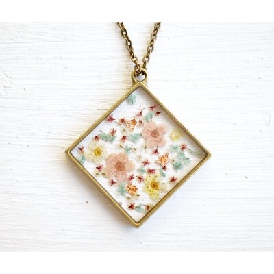Square Pendant with Wildflowers Necklace