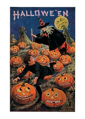 Witch Chasing Naughty Boy through Pumpkin Patch Poster