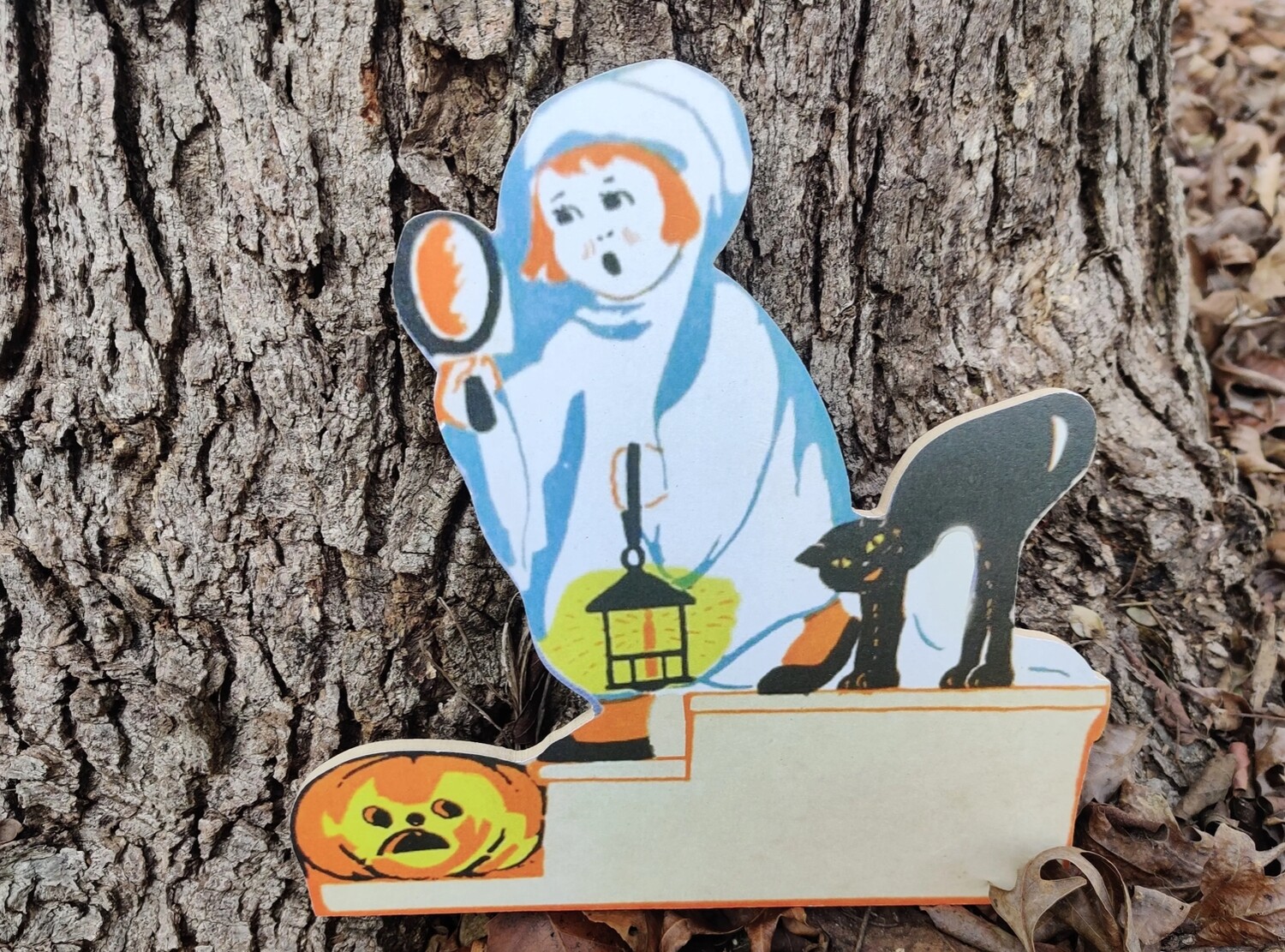 Halloween Ghost Costume With Pumpkin And Cat Wood Cutout