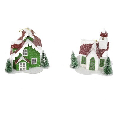 Red and Green Snow Pine Village Light Up House