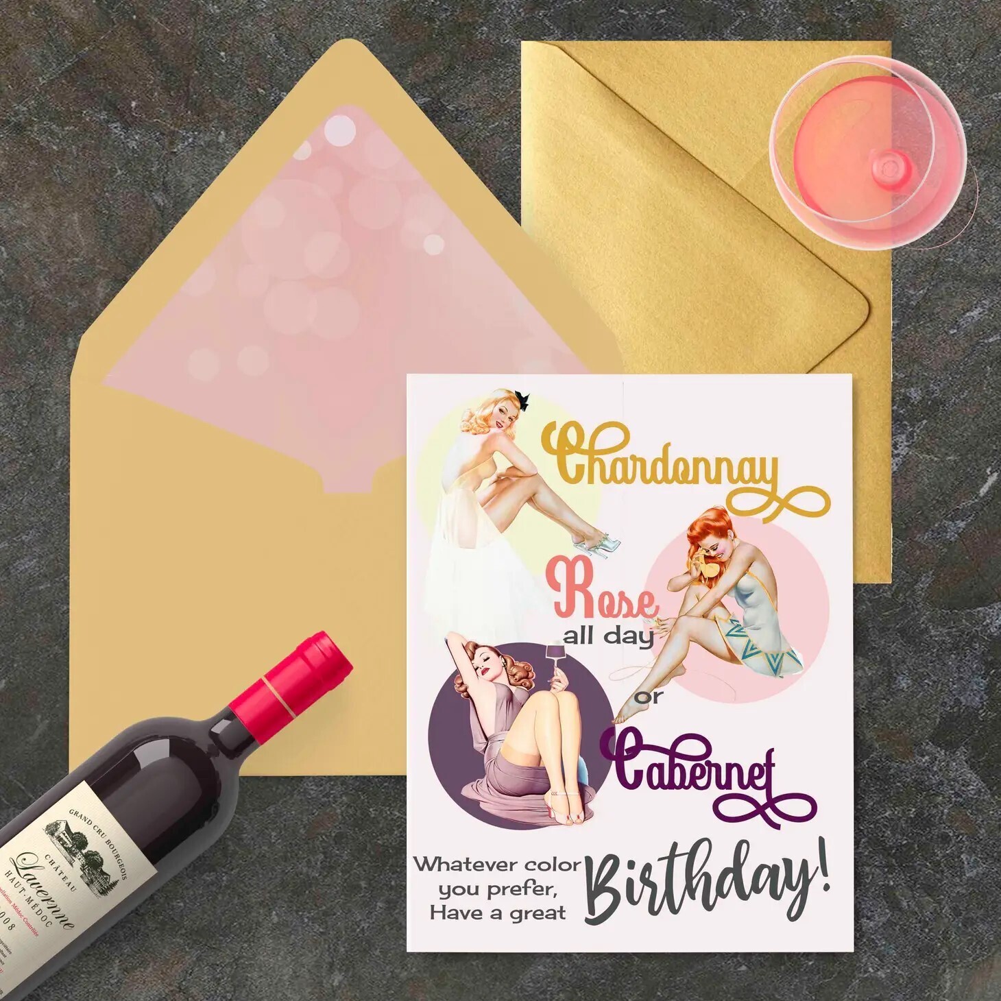 Wine Pinup Girls Birthday Card