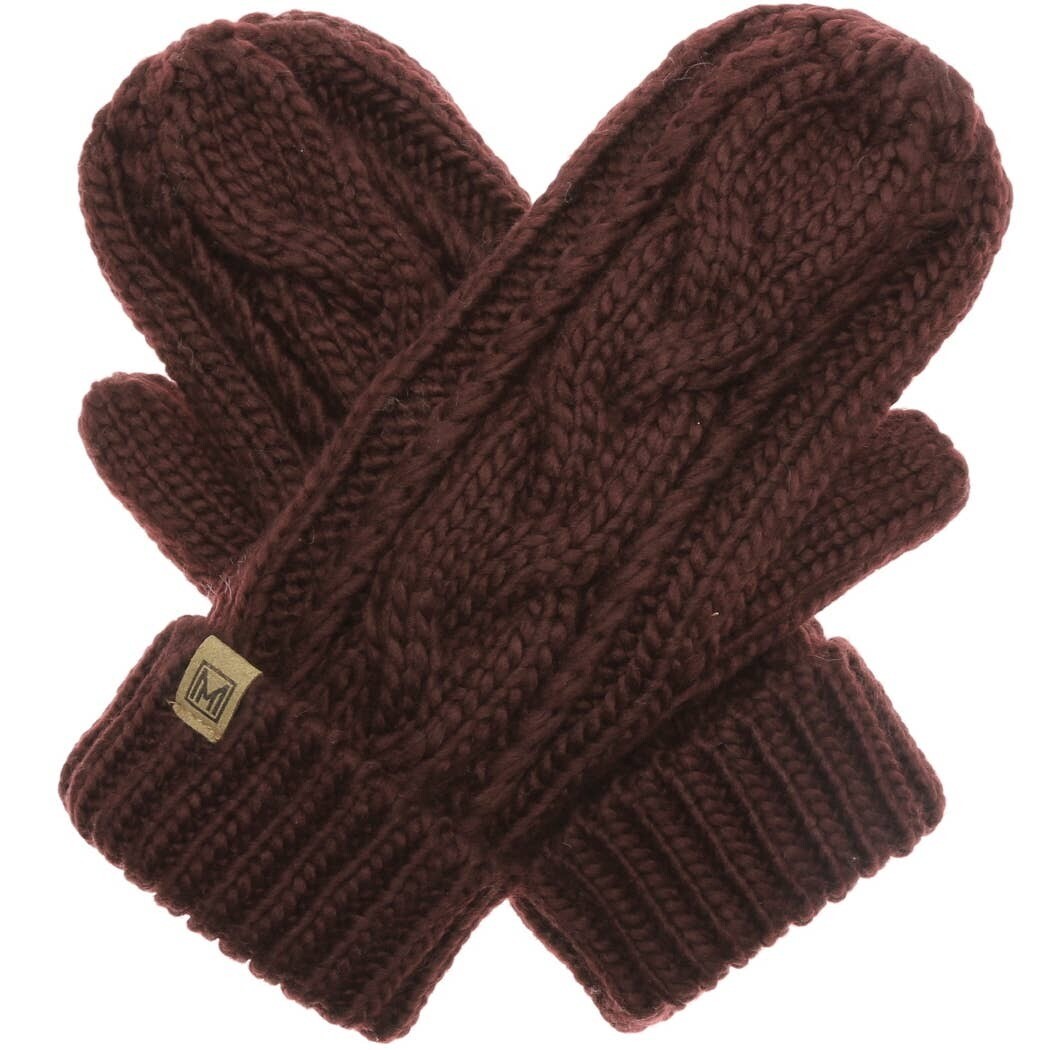 Cable Knit Winter Mittens - Burgundy
