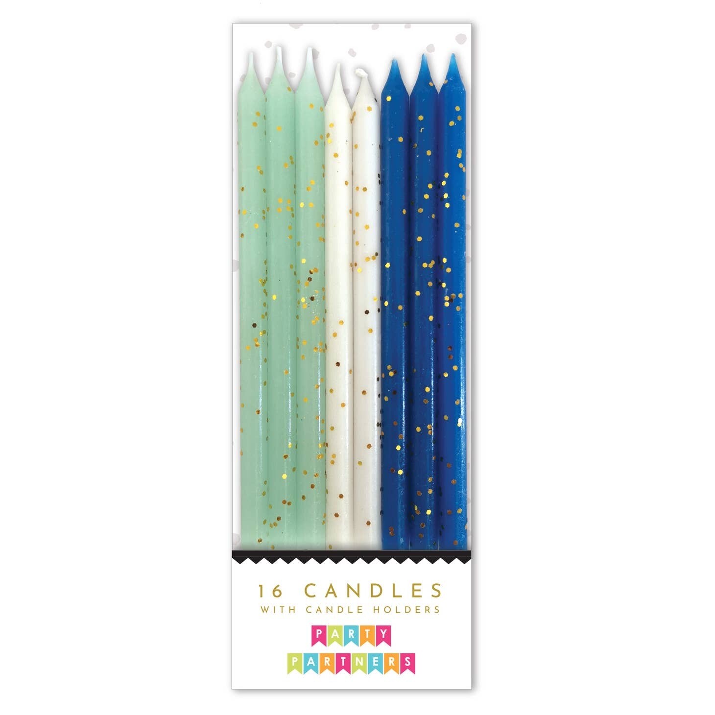  Blue, Teal, White with Gold Glitter Cake Candles - 16 Tapers