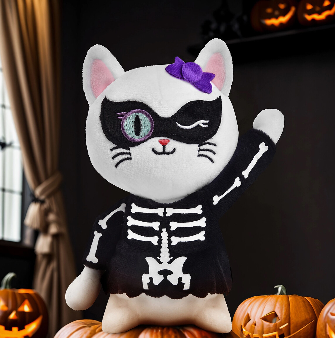 Halloween White Cat Plush Skeleton 