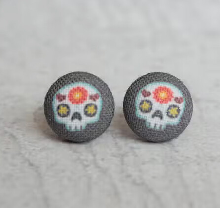 Sugar Skull Fabric Covered Button Earrings
