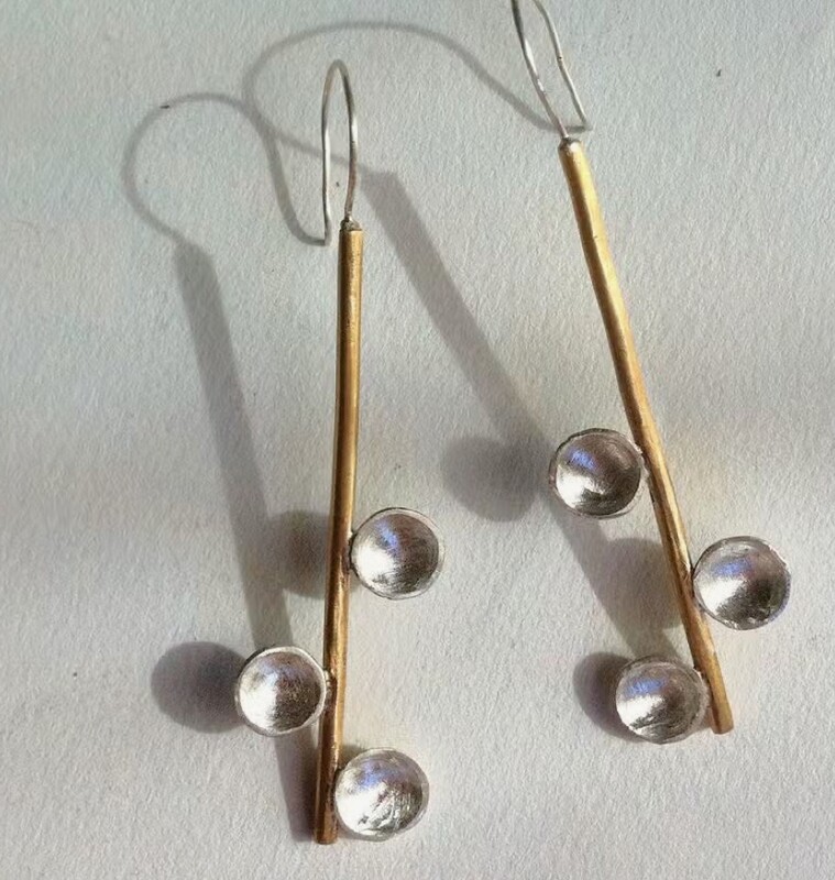 Brass Dangle Earrings With Sterling Silver Domes (0095)