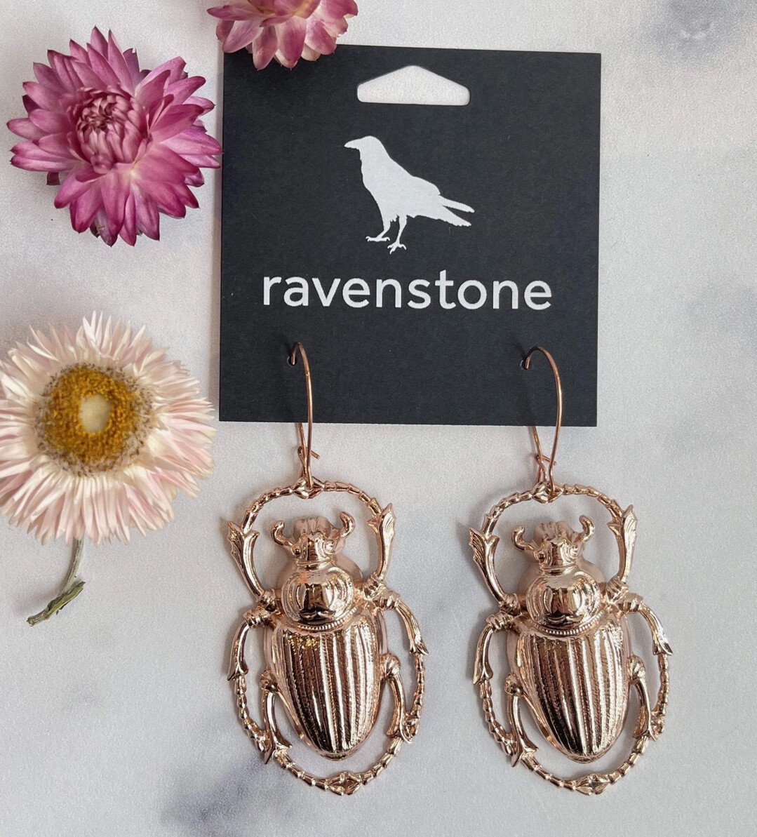 Big Rose Gold Scarab Beetle Earrings