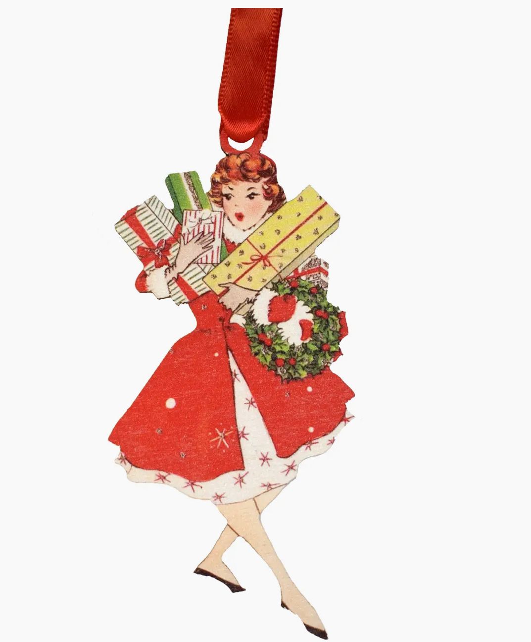 Vintage Lady with Presents Wooden Ornament