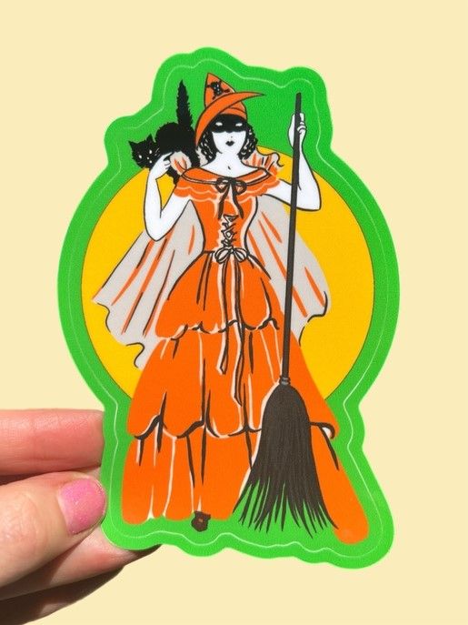 Halloween Witch With Broom and Cat 3” Sticker