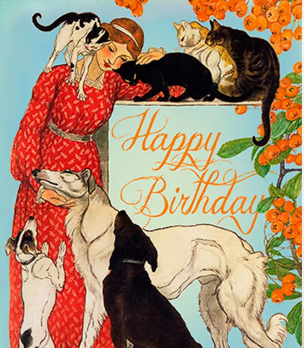 Cats &amp; Dogs With Lady in Red Happy Birthday Card