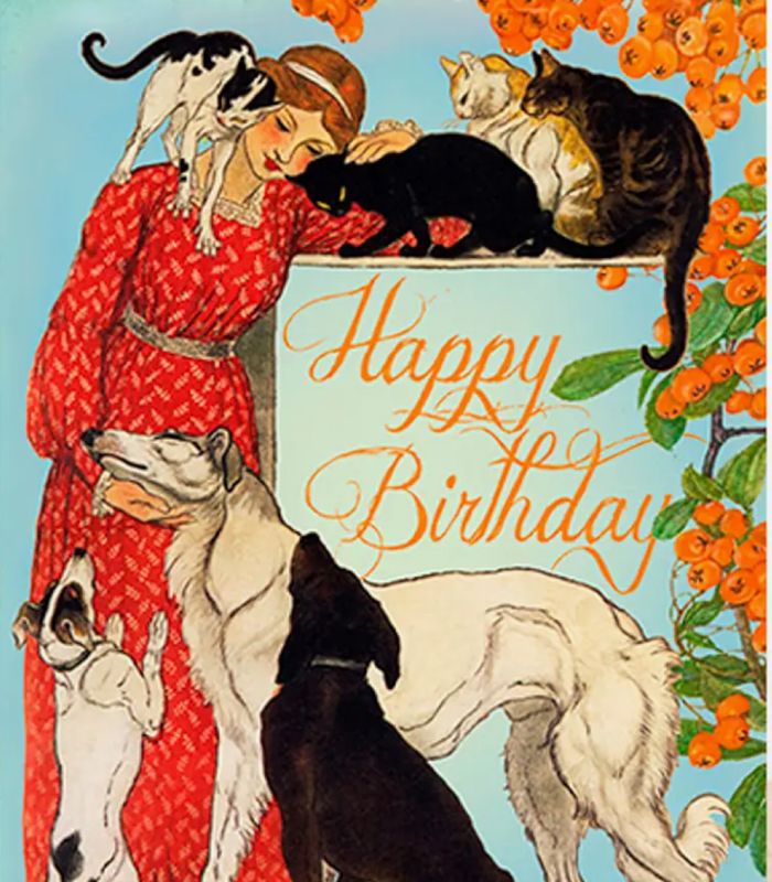 Cats &amp; Dogs With Lady in Red Happy Birthday Card