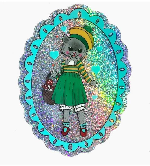Kitty Gathering Mushrooms Glitter Sticker