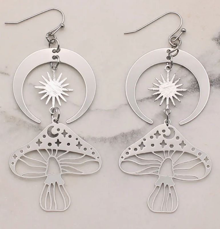 Silver Skies Mushroom Moon Earrings