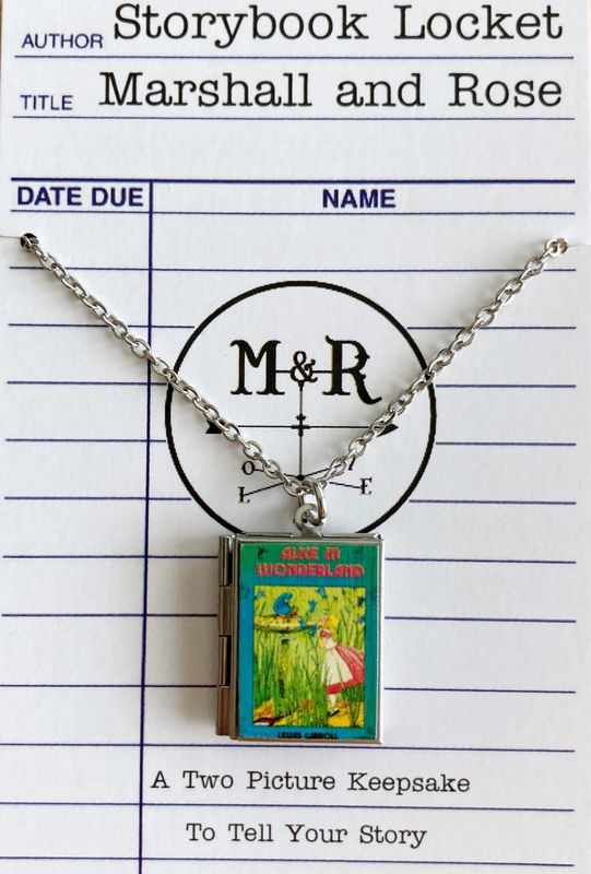 Book Locket Alice In Wonderland Blue W/ Caterpillar - silver