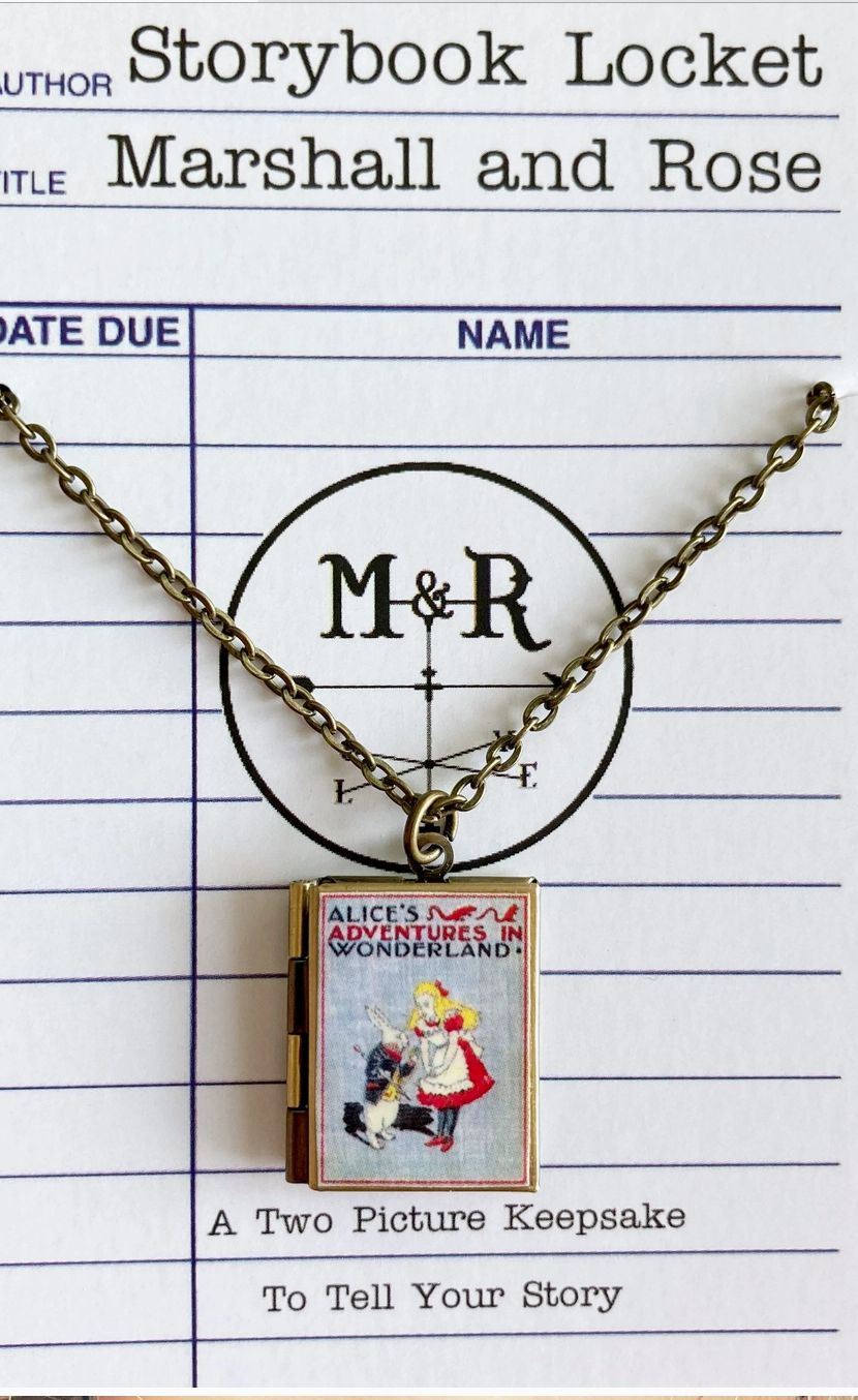 Book Locket Alice In Wonderland Gray W/ Rabbit - brass